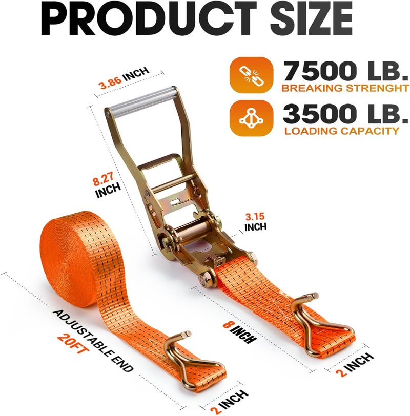 EVANCENT 2Pack Ratchet Straps Heavy Duty-2 Inch x 20 Feet(7,500lb Break Strength), Tie-Down Ratcheting with J-Hook Cargo Straps Tiedown Ratchet for Moving and Transports with Trailers, Pickup, Flatbed Trucks - Image 2